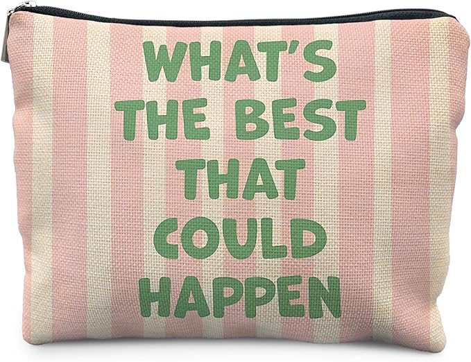 Inspirational Gifts Makeup Bag for Women, Motivational Gifts for Women Coworkers, Retro Green and Pink Cosmetic Bag for Purse, What's The Best That Could Happen Makeup Zipper Pouch