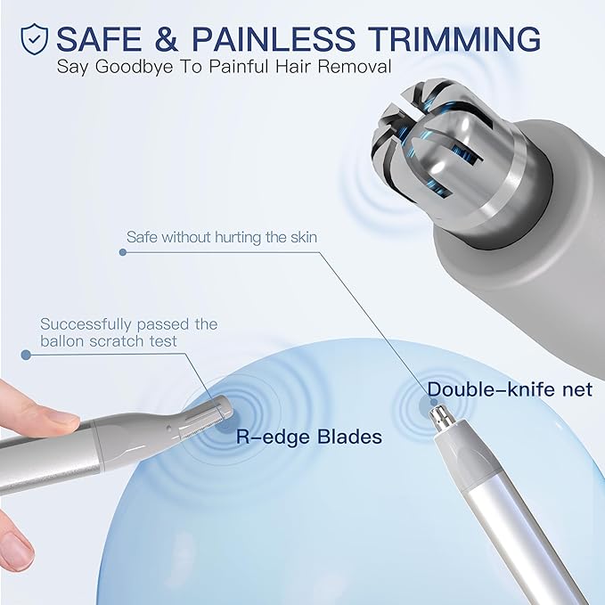Nose Hair Trimmer for Men & Women - 2in1 Rechargeable Ear and Nasal Hair Trimmer, Waterproof Nose Clipper, Electric Eyebrow Trimmer & Facial Hair Remover Grooming Set (Silver Grey)