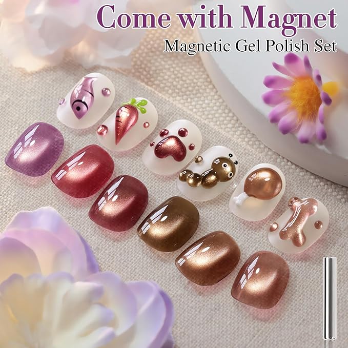 Double Rhythm Cat Eye Gel Nail Polish Set of 6 Same Color Same Bottle 0.5 Oz Shimmer Glitter with Magnet Holographic Reflective Magnetic UV Nail Polish Kit at Home (Rose Coffee Brown Red-T6-62)