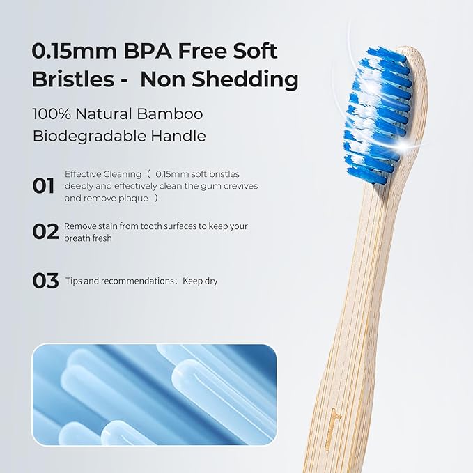 Bamboo Toothbrushes 10 Count, BPA-Free, Soft Plant-Based Tapered Bristles, Natural Wooden Toothbrush for Adults, Biodegradable Compostable Travel Tooth Brushes