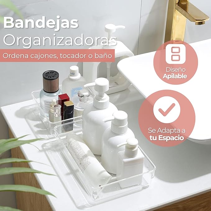 Makeup organizers – A set of 25 transparent plastic organizers in four sizes, ideal for makeup, jewelry, and cosmetics. Includes a rotating brush organizer.