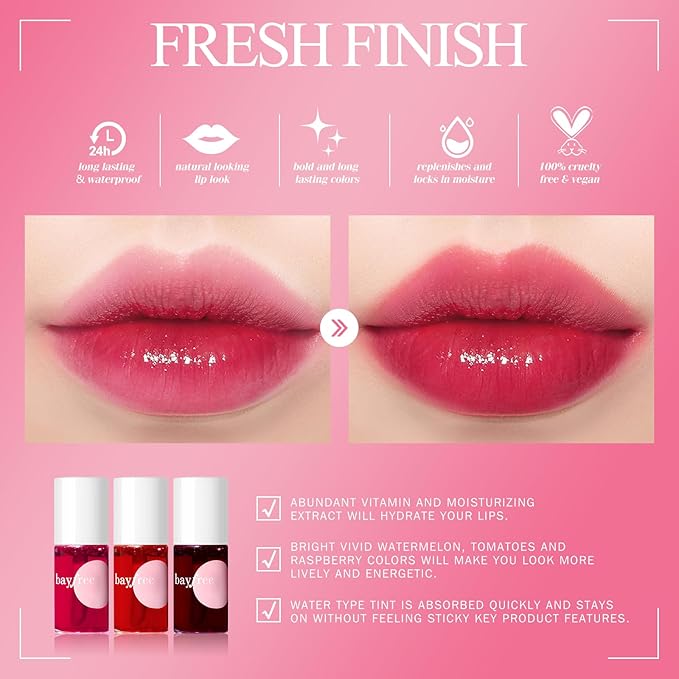 bayfree Lip Tint Stain Set, Korean Water Tint Lightweight Non-sticky, Waterproof Long Lasting Liquid Blush & Lip Stain, Transfer-Proof, Matte Finish Lip Color Makeup (fruit platter)