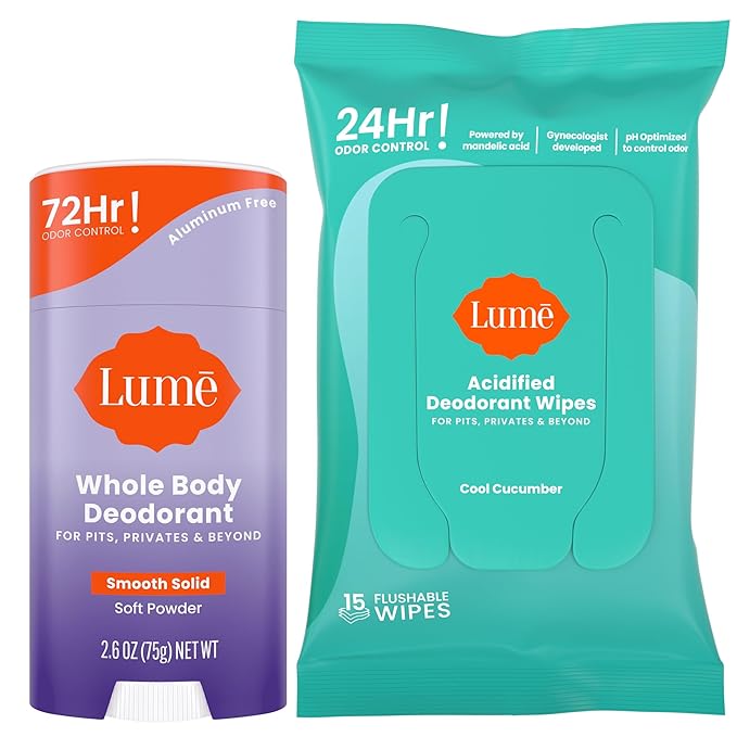 Lume Whole Body Deodorant - Smooth Solid Stick & Flushable Deodorant Wipes - Doctor Developed - Aluminum Free, Baking Soda Free, Skin Loving - 2.6 Ounce (Soft Powder) 15 Count Wipes (Cool Cucumber)