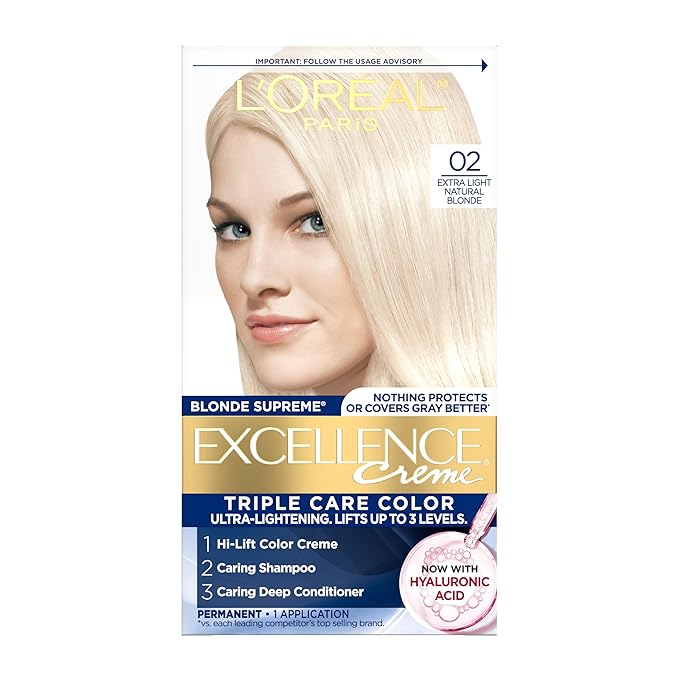 L'Oreal Paris Excellence Crème Permanent Hair Dye, Triple Care Hair Color with Pro-Keratine Complex for 100% Gray Hair Coverage, 02 Extra Light Natural Blonde, 1 Kit