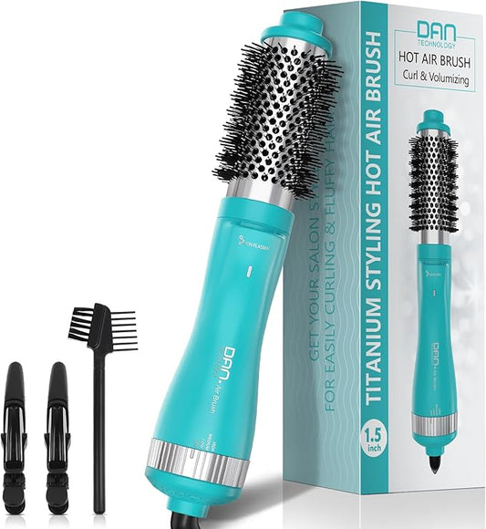 Dan Technology 1.5 Inch Titanium-Ceramic Hot Air Thermal Brush, Heated Round Barrel Blowout Brush with Negative Ions for Smooth Volume & Shiny Hair, Gentle Airflow 2 Speeds & 3 Heat Settings 120V Cyan