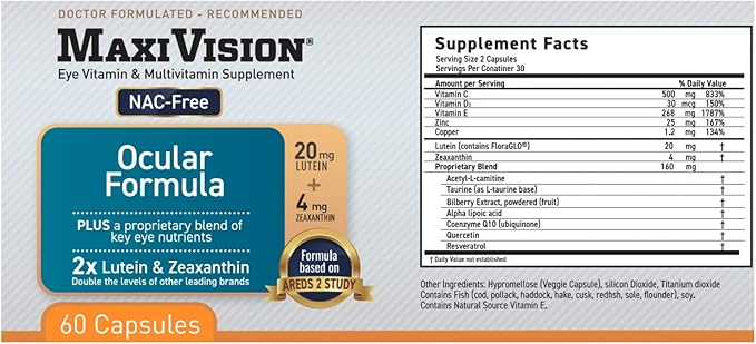 MaxiVision® Ocular Formula - AREDS2 - Eye Vitamins & Multivitamin - Lutein and Zeaxanthin - 1 Bottle (60 Capsules)