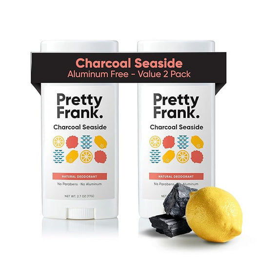 Pretty Frank Natural Aluminum-Free Deodorant Stick, Charcoal Seaside (2-Pack) | All-Day Odor Control for Women & Men | Effective, Safe, Organic Ingredients, Added Charcoal and Essential Oils