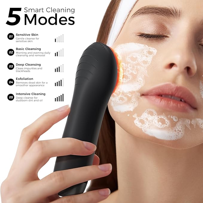 Facial Cleansing Brush Electric Face Scrubber - Rechargeable Face Cleansing Brush with 4 LED Gentle Light Silicone Heat and Vibration Exfoliator Massage Deep Cleansing,IPX7 Waterproof,Ideal Gift﻿