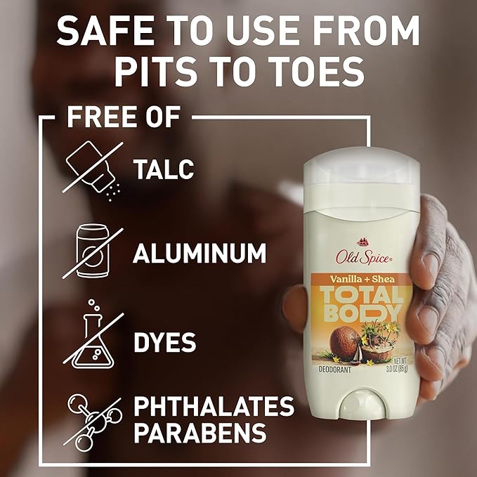 Old Spice Whole Body Deodorant Stick for Men, Aluminum Free, Vanilla + Shea Scent, 24/7 Odor Protection, 24/7 Lasting Freshness, Dermatologist Tested, Gentle on Skin, Safe to Use All Over, 3.0 oz