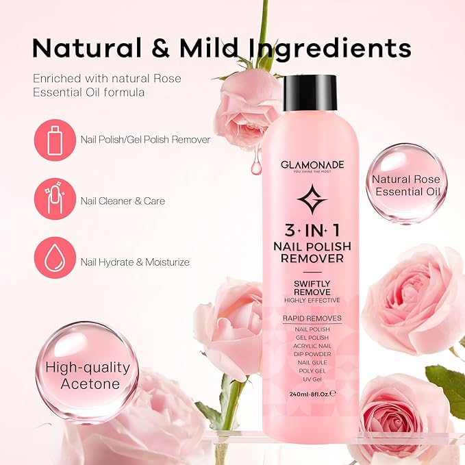 Acetone Nail Polish Remover: Professional Soak off Gel Polish Remover Natural Formula Rose Essential Oil for Acrylic Dip Powder Nail Supplies for Home Salon(8 Fl.Oz.)