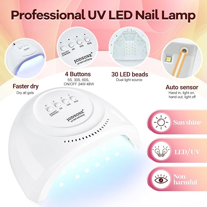 JODSONE 100 Bottles of Gel Nail Polish Kit with U V Led Light 95 Multiple Glossy Glitter Colors Mint Green Light Pink Nail Gel Base Coat Glossy and Matte Top Coat