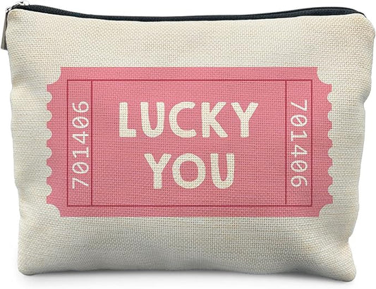 Preppy Girly Pink Makeup Bag for Women, Pink Lucky You Tickets Cosmetic Bag for Purse, Trendy Retro Makeup Zipper Pouch