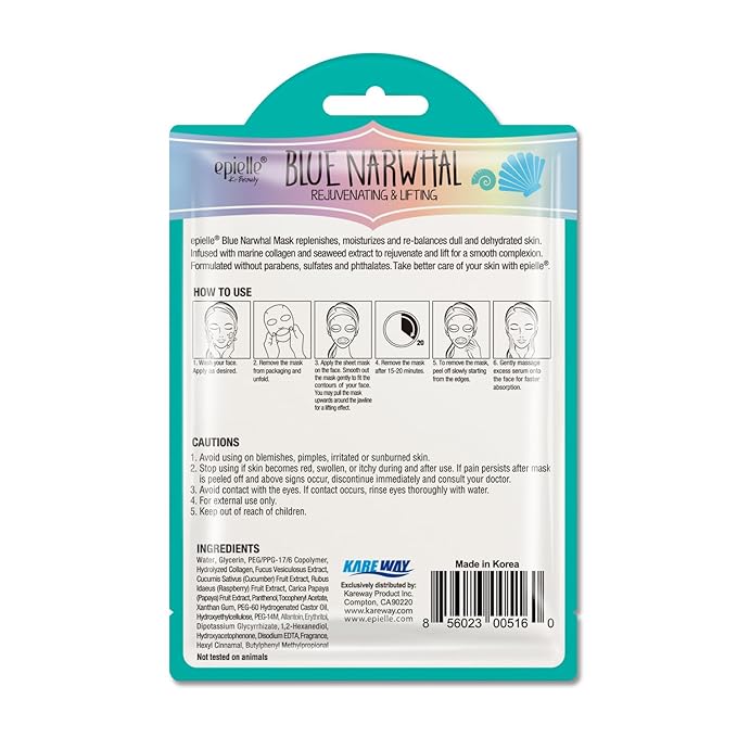 Epielle Character Face Mask Blue Narwhal 6 Pack, Fun & Effective Korean Skin Care, Spa Party Favors, Stocking Stuffers, Birthday Gifts for Women, Thanksgiving Essentials