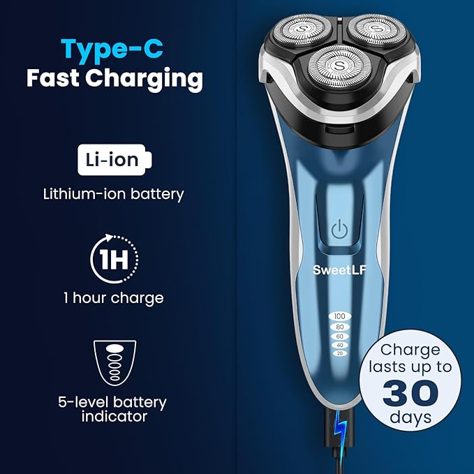 SweetLF Electric Razor for Men with Pop-Up Trimmer, IPX7 Waterproof Electric Shaver, Rechargeable Cordless Shavers for Men, Type-C, 120Mins Runtime, Plug & Play, Blue