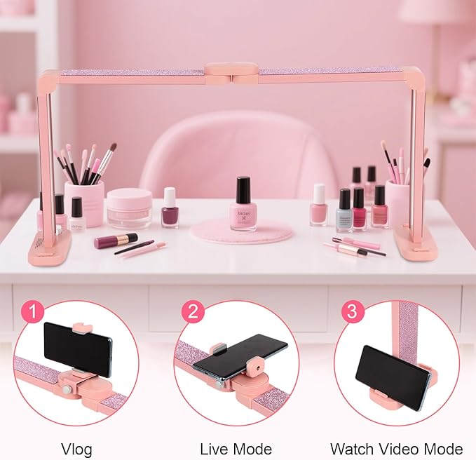 34in Half Moon Light for Nail Desk, Foldable LED Lamp for Nail Art, Tattooing, Craft Making, Stepless Dimming, 3000-6000K Color Temperature Adjustment, 456 Light Beads, Pink with Diamond