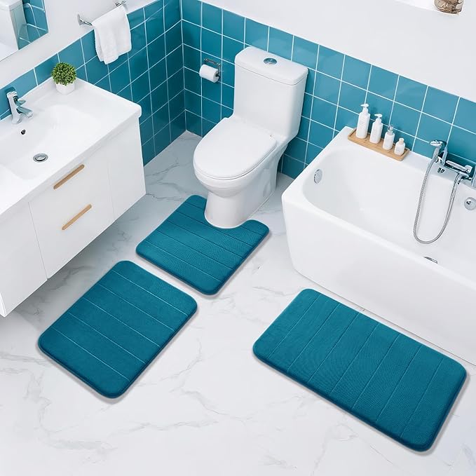 Yimobra Memory Foam Bath Mat, Super Soft Absorbent Bathroom Rug Non Slip, Quick Dry, Machine Washable Floor Carpet for Tub Shower, Home Decor Accessories, 24x17, Peacock Blue