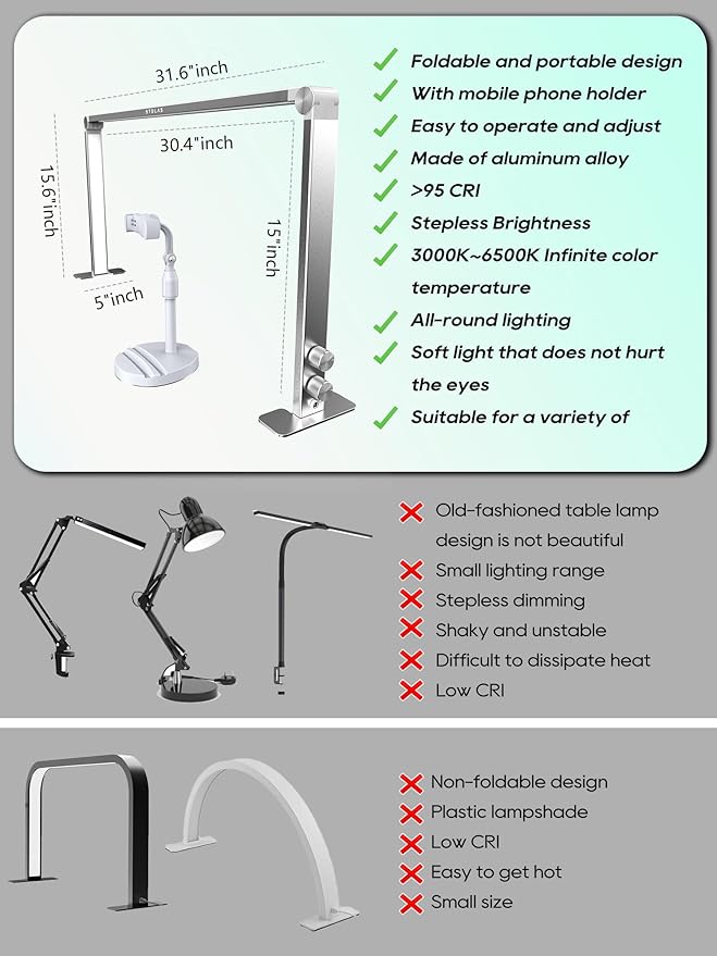 Upgraded Nail Tech Lamp for Desk, 32 in Foldable Large Nail Light with Phone Holder, 3000K-6000K CRI＞95 LED Manicure Lamp, Half Moon Light for Lash Eyelash Extension, Tattoo, Eyebrows-Diamond Silver