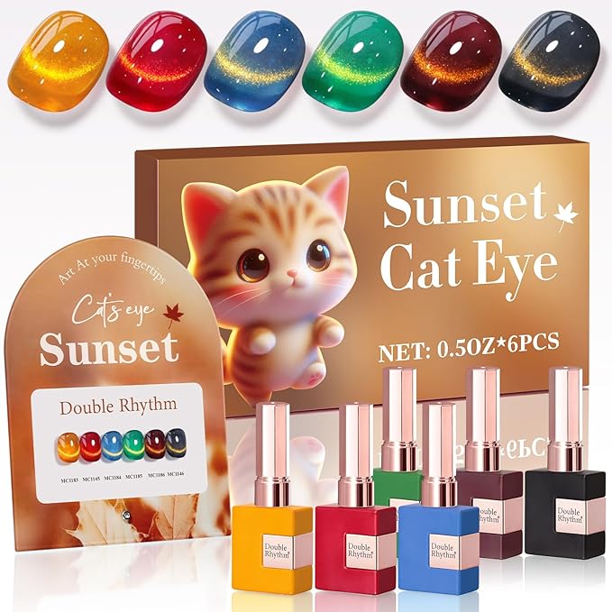 Double Rhythm Cat Eye Gel Nail Polish Set of 6 Same Color Same Bottle 0.5 Oz Shimmer Glitter with Magnet Holographic Reflective Magnetic UV Polish Kit (Golden Black Brown Red Blue Green-T6-33)