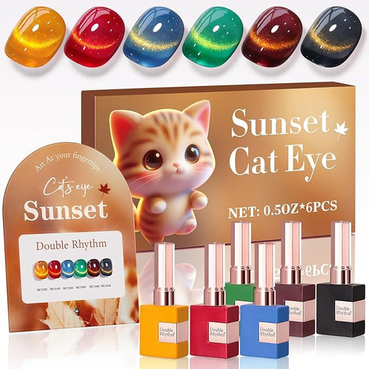 Double Rhythm Cat Eye Gel Nail Polish Set of 6 Same Color Same Bottle 0.5 Oz Shimmer Glitter with Magnet Holographic Reflective Magnetic UV Polish Kit (Golden Black Brown Red Blue Green-T6-33)