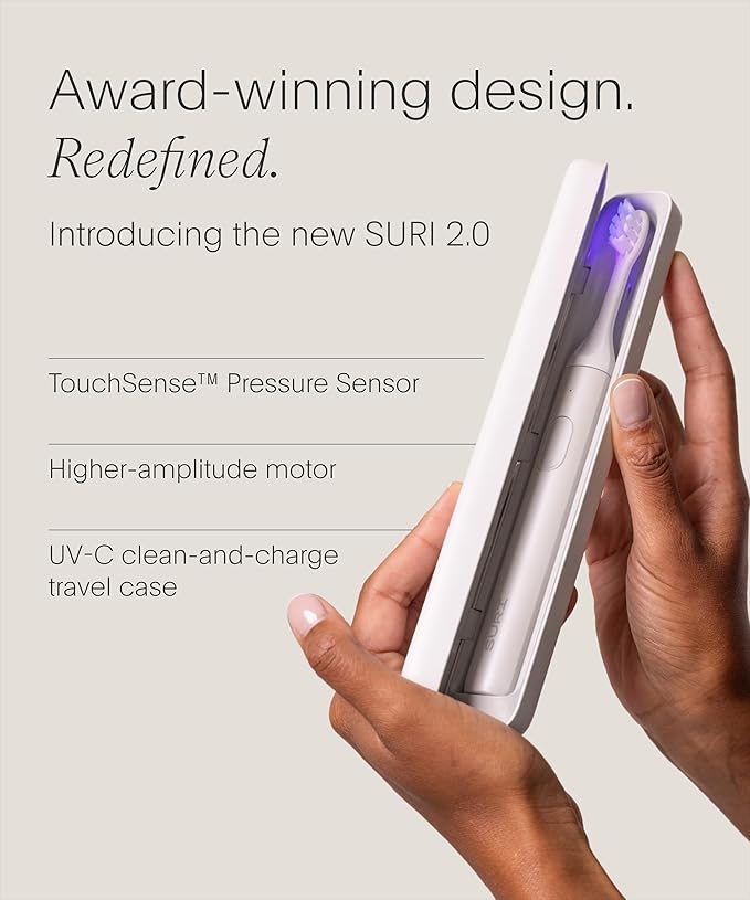SURI 2.0 New Sonic Electric Toothbrush with Pressure Sensor & UV-Cleaning Travel Case | 1 Month+ Battery | Electric Toothbrush for Adults | Travel Toothbrushes | Tooth Brush | White