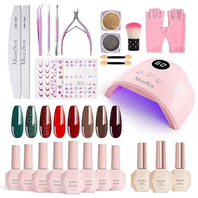 MelodySusie Gel Nail Polish Kit with UV Light P-PLUS30F- Popular Color Gel with Builder and Baser &Glossy Top Coat Soak Off Includes Nail Art Tools Nail Art Gift for Women & Girls