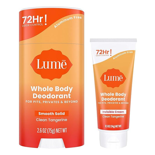 Lume Whole Body Deodorant - Invisible Cream Tube Mini + Solid Stick Bundle - 72 Hour Odor Control - Aluminum & Baking Soda Free, Skin Loving (Clean Tangerine)