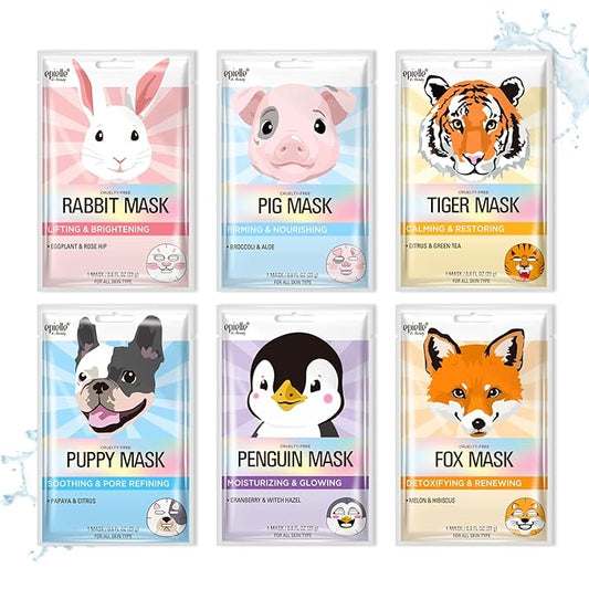 Epielle Character Face Mask Fuzzy Friends 6 Pack, Fun & Effective Korean Skin Care, Spa Party Favors, Stocking Stuffers, Birthday Gifts for Women, Thanksgiving Essentials