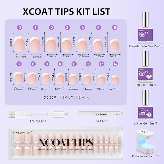 BTArtboxnails Gel Nail Kit - Square French Tip Press on Nails Extra Short Nude Fake Nails Set with Glue Soft Nail Extension Kit Glue Builder Gel and Top Coat with Lamp