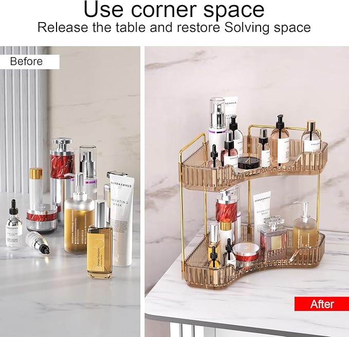 GTI 2 Tier Makeup Organizer, Large Capacity Bathroom Counter Organizer, Perfume Cosmetics Skincare Vanity Organizers, Dresser Countertop Organizer and Storage for Women (Amber)