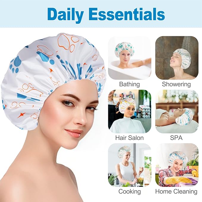 6 PCS Shower Caps for Women, Double Side Waterproof Shower Cap, Reusable Elastic Bath Caps for Shower, EVA Bathing Shower Caps, Bath Hair Caps - Paw