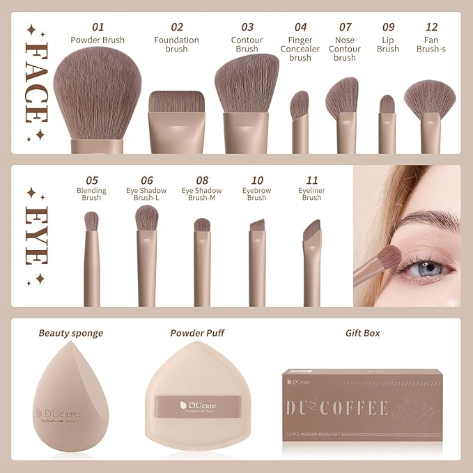 DUcare 14pcs Christmas Makeup Set,12Pcs Coffee Series Makeup Brush set with 2pcs Makeup Sponges Foundation Blending Face Powder Blush Eye Shadows Brushes