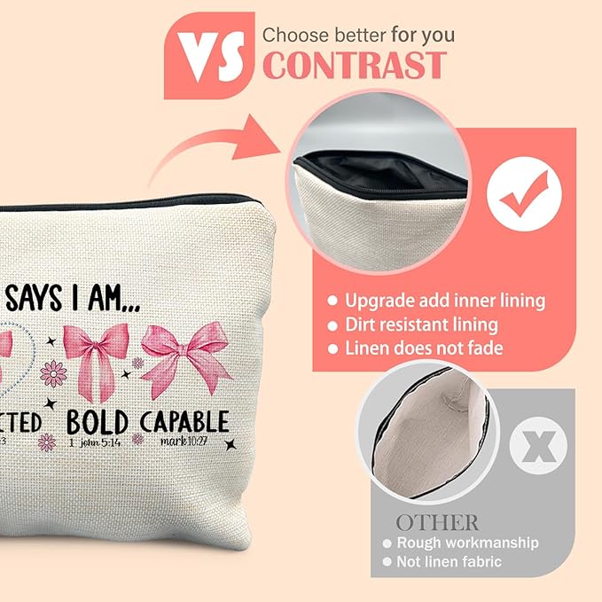 God Says I am Christian Makeup Bag for Women, Gifts for Christian Women, Religious Coquette Pink Bow Cosmetic Bag for Purse, Inspirational Bible Verse Makeup Zipper Pouch