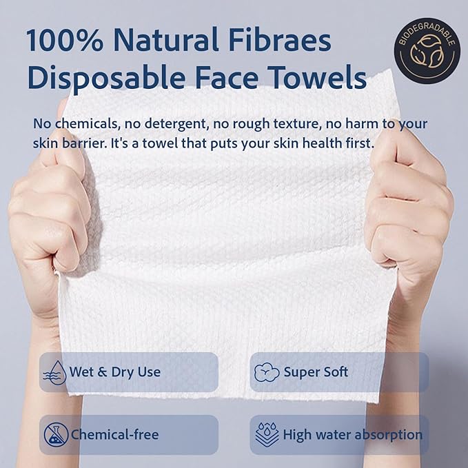 Disposable Face Towels, Disposable Face Towelette, Dry Wipes, Extra Large Size, 100% Natural Fibres, Super-Soft, Extra Absorbent, Makeup Remover, 100% Biodegradable, 50 PCS
