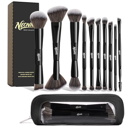 10 PCS Foundation Contour Conceal Brush Set With Bag, Makeup Brushes, Double-End Multi-functional Brushes for Foundation Powder Blush Eyeliner Eyeshadows, Professional Face Brush Set（Black）