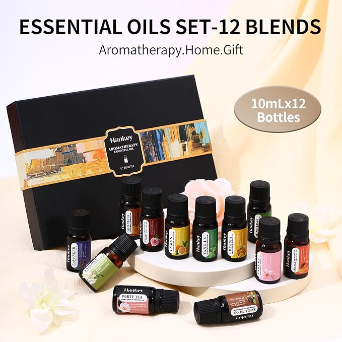 Premium Essential Oils Gift Set, 12 Aromatherapy Blends for Diffusers, Home Care, Candle Making-Rose, Orange, Freesia, Mint, Sakura, Lavender, Lemon, White Tea, Jasmine, Vanilla, Osmanthus, Sandalwood