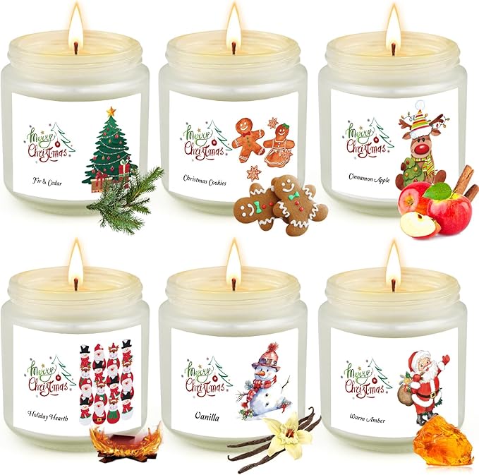 6 Pack Christmas Candles Set, Christmas Candles for Home Scented, Winter Holiday, Natural Soy Wax Jar Aromatherapy Candle Gifts Stocking Stuffers for Women Men Adult