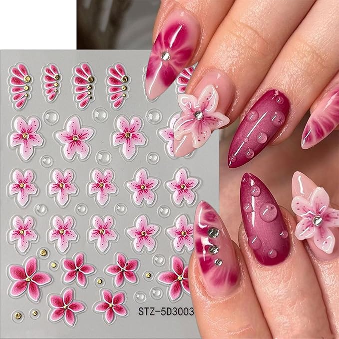 4 Sheets Flower Nail Stickers for Nail Art 5D Self Adhesive Spring Nail Art Stickers White Pink Flower Nail Decals Spring Nail Supplies Design for DIY Acrylic Nails for Women Girls