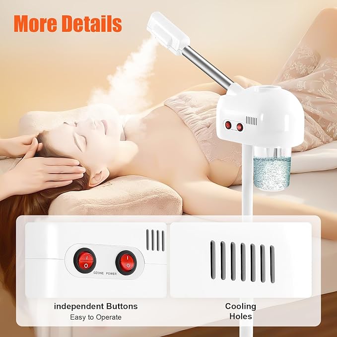 Professional Facial Steamer Mist Face Steamer Stand Ozone Facial Machine with Wheels Professional Skin Care Equipment for Shaving & Skin Care, Barbershop, Salon, Spa Use (White)