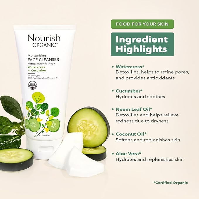 Nourish Organic Moisturizing Face Cleanser for All Skin Types, Watercress + Cucumber Face Wash, Fragrance-Free, 6 Oz (Pack of 2)