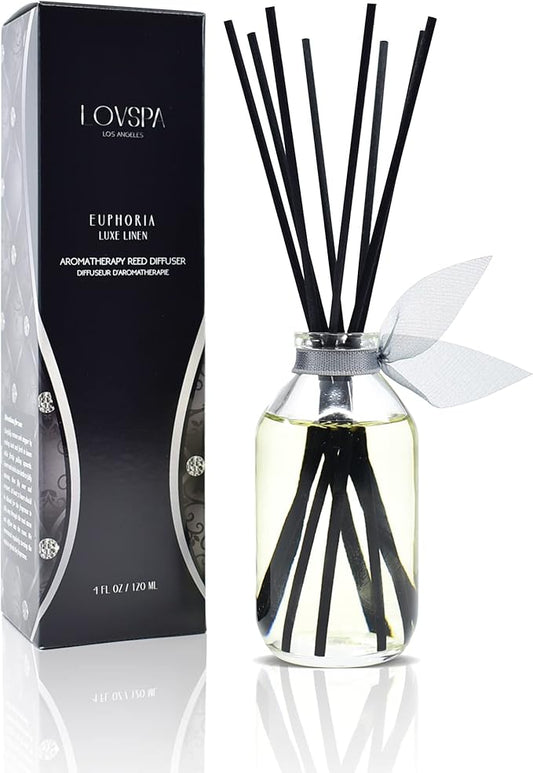 LOVSPA Reed Diffuser Set, Euphoria Luxe Linen Scented Oil Diffuser with Sticks, Home Fragrance Accessories for Bathroom Shelf Decor, Aroma Diffusers for Home or Office Fall Decor, USA Made