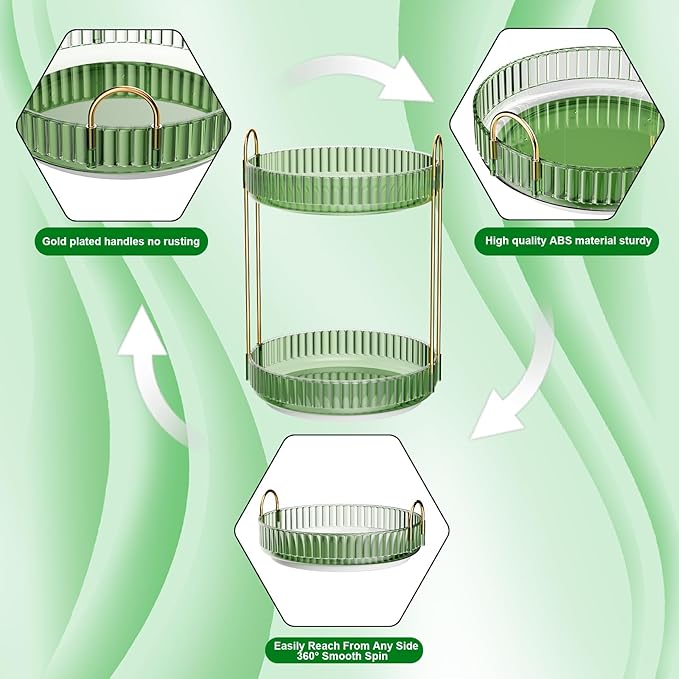 GTI 360°Rotating Makeup Organizer, 2 Tier Bathroom Counter Organizer,Large Capacity Perfume Cosmetics Skincare Vanity Organizers, Dresser Spinning Countertop Organizer and Storage for Women (Green)