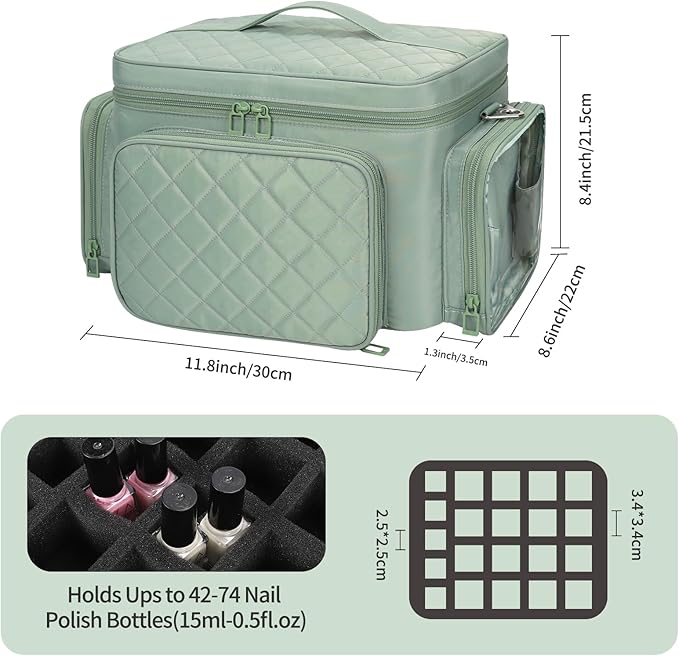 Nail Polish Organizer, Nail Polish Storage Holds 42+ Bottles & Nail Lamp, Portable Travel Nail Kit Storage Carrying Case Fits Nail Suppiles, Gift for Manicurist, Grils - Green