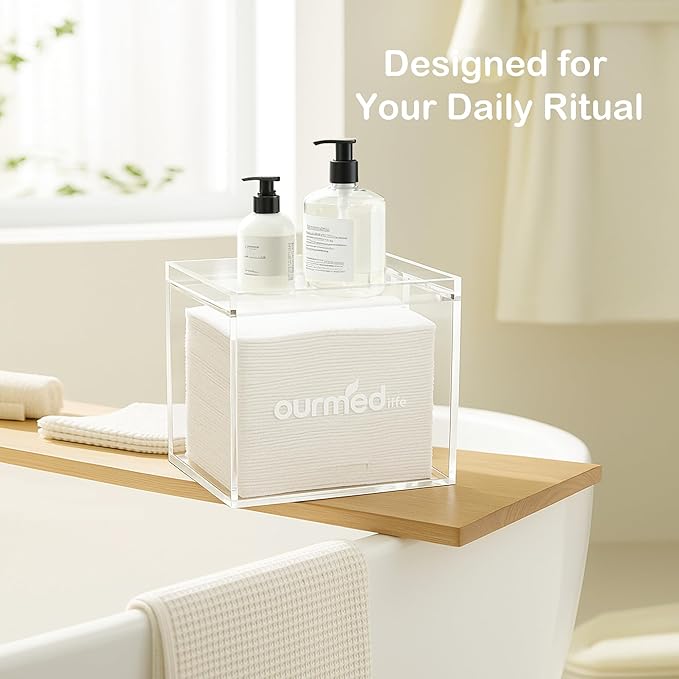 Ourmed Life Clear Acrylic Face Towel Holder, Organizer Box for Bathroom Countertop Storage, Disposable Face Towels Container and Face Towel Clear Box with 50 Count Clean Facial Towels Included