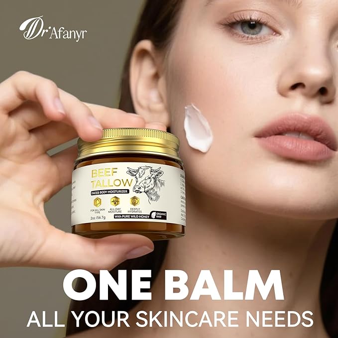 Beef Tallow for Skin - Natural Honey and Tallow Balm Nourishing Tallow Face Moisturizer Cream, Formula with Grass-Fed Organic Whipped Tallow for Dry, Cracked Face & Body Skin Care Daily Use (2 oz)