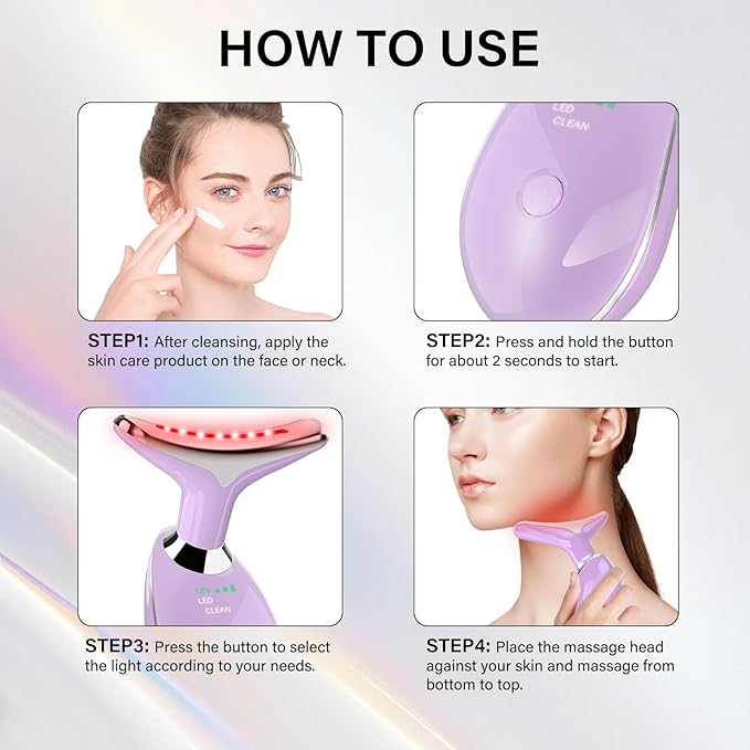 Neck&Face Massager with 7 Colors-Multi-Functional Skincare Tool,Home Beauty Device for Wrinkles&Relaxation (Purple)