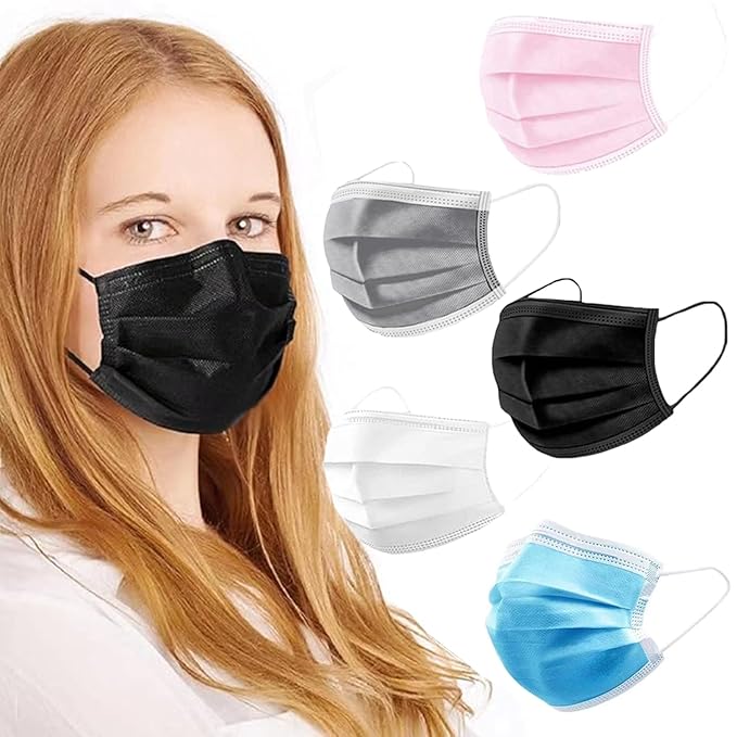 100Pcs 5 Color Disposable Face Mask, 3 Ply Breathable Masks with Soft Elastic Ear loops