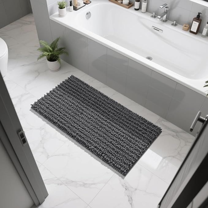 Yimobra Long Bathroom Rugs Non Slip Washable 44x24 Inch - Ultra Soft Absorbent Chenille Bath Mat, Quick Dry Shaggy Floor Carpet for Tub Shower, Dark Gray Home Decor Accessories