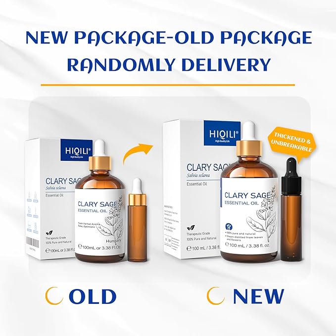 HIQILI Clary Sage Oil Essential, Herbal Sooth Aroma in Diffuse, Meditation, Calming Sleep at Bedtime, Body Massage, Moisturize Skin, DIY Deodorant Spray - 100ML