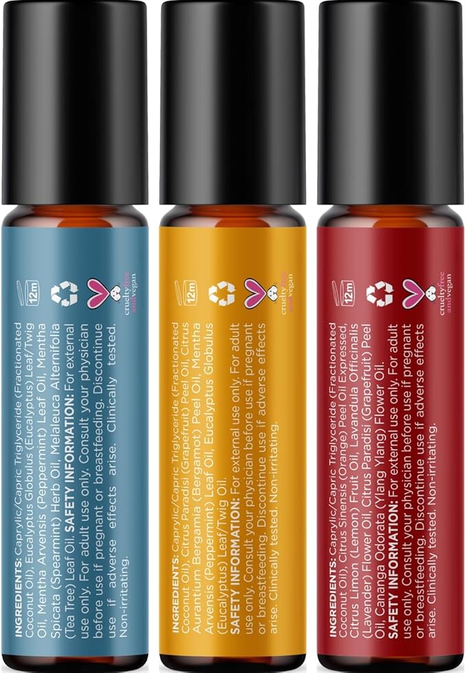 Aromatherapy Roll on Essential Oils Set - Wellness Essential Oils Set Variety Pack with Focus Uplift & Breathe Essential Oil Rollers - Fun & Cute Wellness Gift for Young Women and Teens (3 Pack)