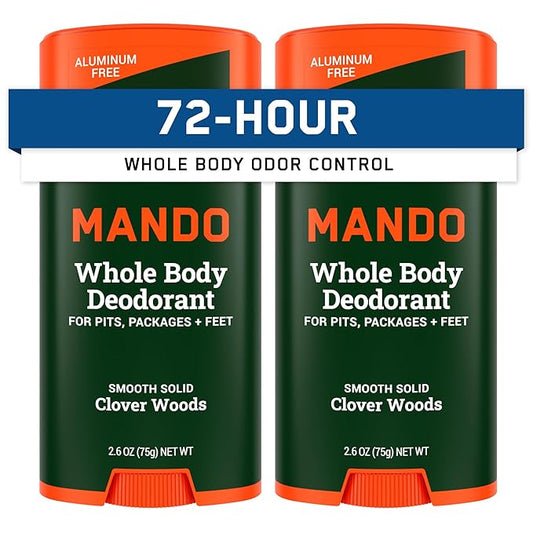 Mando Whole Body Deodorant For Men - Smooth Solid Stick - 72 Hour Odor Control - Aluminum Free, Baking Soda Free, Skin Safe - 2.6 Ounce (Pack of 2) - Clover Woods